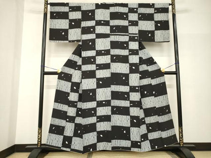 平和屋着物●上質な小紋　市松文　黒地　正絹　逸品　AABH8814ck