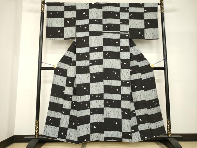平和屋着物●上質な小紋　市松文　黒地　正絹　逸品　AABH8814ck