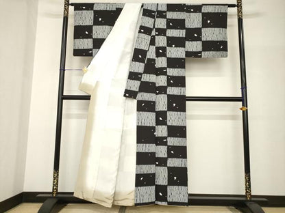平和屋着物●上質な小紋　市松文　黒地　正絹　逸品　AABH8814ck