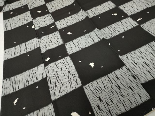 平和屋着物●上質な小紋　市松文　黒地　正絹　逸品　AABH8814ck