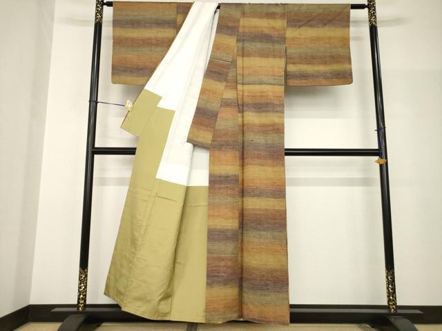 平和屋着物●郡上紬　草木染　横段文　正絹　逸品　AABH8815ck