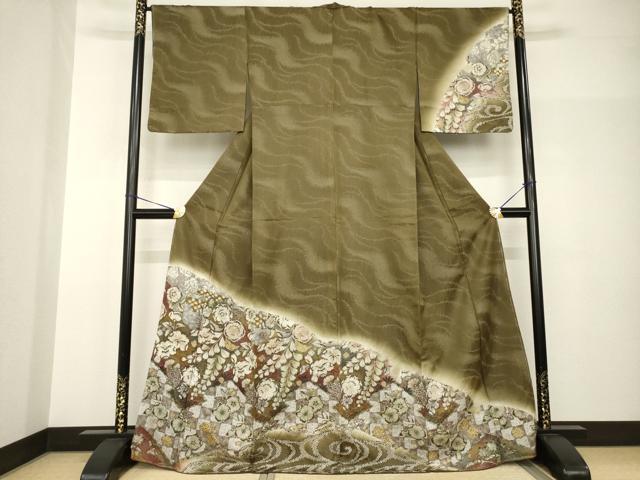 平和屋着物●訪問着　辻が花　流水花文　暈し染め　金彩　銀通し地　正絹　逸品　AABH8820ck