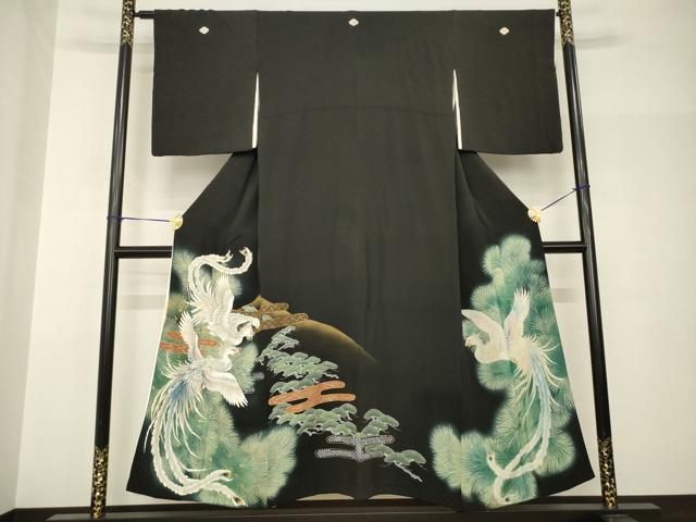 平和屋着物●豪華黒留袖　手描き　鳳凰エ霞松文　金銀彩　正絹　逸品　AABH8824ck