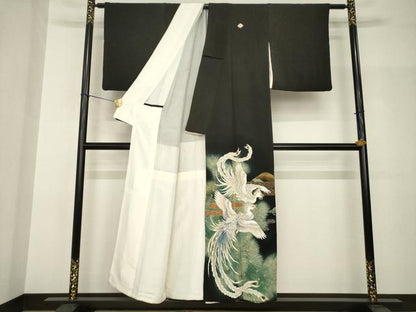平和屋着物●豪華黒留袖　手描き　鳳凰エ霞松文　金銀彩　正絹　逸品　AABH8824ck