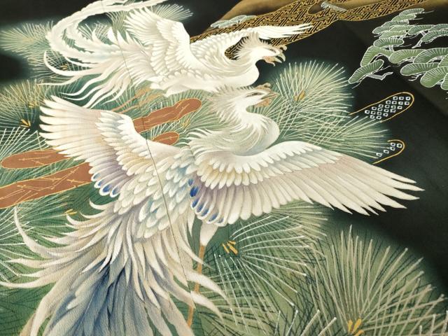 平和屋着物●豪華黒留袖　手描き　鳳凰エ霞松文　金銀彩　正絹　逸品　AABH8824ck