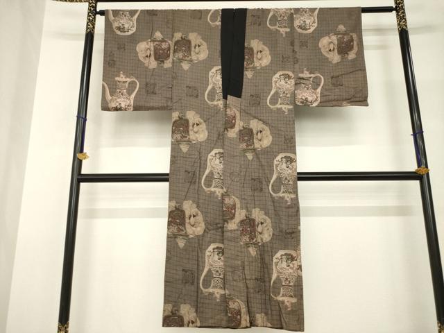 平和屋着物●セミアンティーク　男性　長襦袢　袷　陶器文　象　AABH8825ck