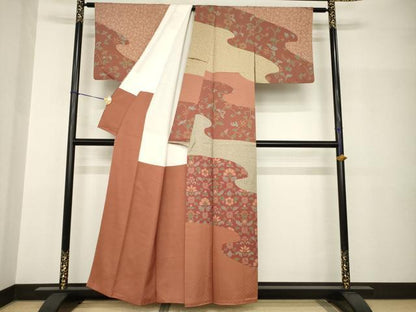 平和屋着物●訪問着　流水草花文　正絹　逸品　AABH8835ck