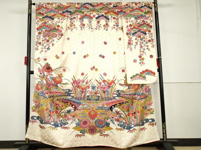 平和屋着物●豪華振袖　紅型　風景松竹梅文　正絹　逸品　AABH8843cs
