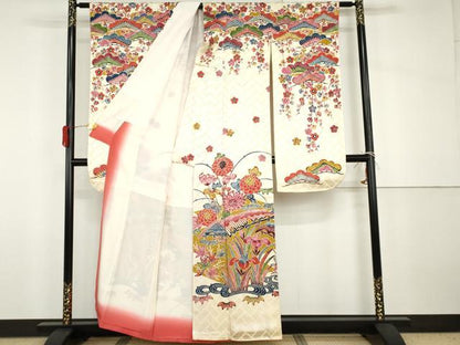 平和屋着物●豪華振袖　紅型　風景松竹梅文　正絹　逸品　AABH8843cs