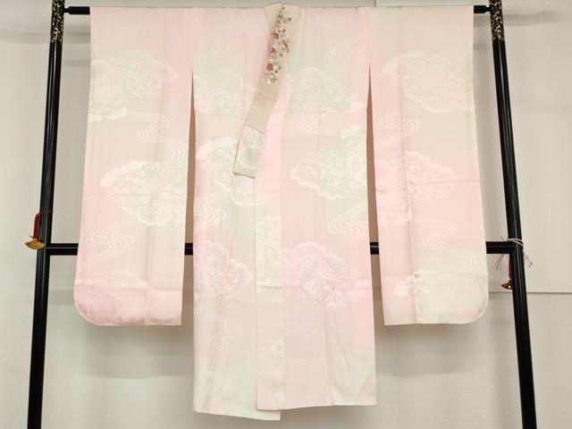 平和屋着物●振袖用長襦袢　袷　御所車流水花地紋　暈し染め　やまと誂製　半衿刺繍　正絹　逸品　AABH8844cs