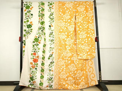 平和屋着物●豪華振袖　片身替わり　駒刺繍　絞り　更紗花鳥文　金彩　正絹　逸品　AABH8845cs