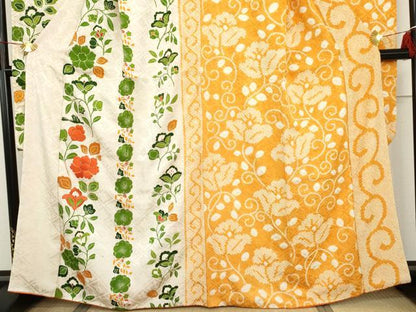 平和屋着物●豪華振袖　片身替わり　駒刺繍　絞り　更紗花鳥文　金彩　正絹　逸品　AABH8845cs
