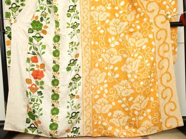 平和屋着物●豪華振袖　片身替わり　駒刺繍　絞り　更紗花鳥文　金彩　正絹　逸品　AABH8845cs