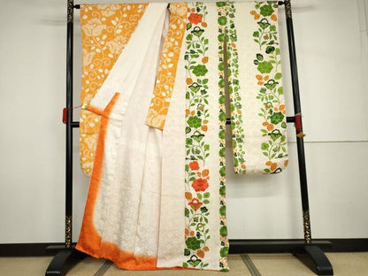 平和屋着物●豪華振袖　片身替わり　駒刺繍　絞り　更紗花鳥文　金彩　正絹　逸品　AABH8845cs
