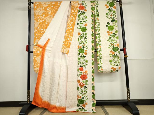 平和屋着物●豪華振袖　片身替わり　駒刺繍　絞り　更紗花鳥文　金彩　正絹　逸品　AABH8845cs