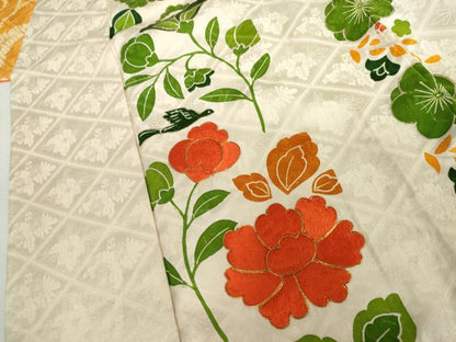 平和屋着物●豪華振袖　片身替わり　駒刺繍　絞り　更紗花鳥文　金彩　正絹　逸品　AABH8845cs