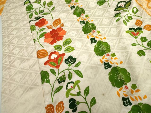 平和屋着物●豪華振袖　片身替わり　駒刺繍　絞り　更紗花鳥文　金彩　正絹　逸品　AABH8845cs