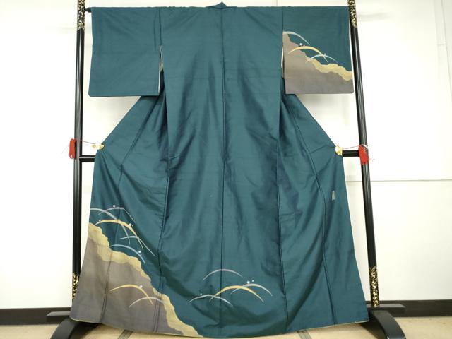 平和屋着物○京の名門 じゅらく謹製 訪問着 紬地 黄皇絲 露芝