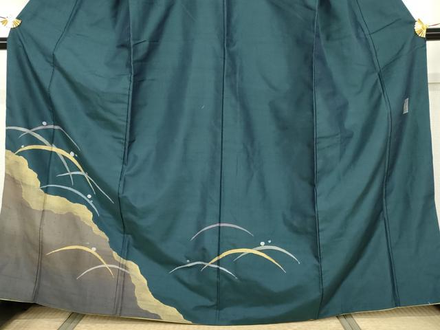 平和屋着物●京の名門　じゅらく謹製　紬　訪問着　漢方草木染め　横段文　眼鏡織　正絹　逸品　AABH9755ph 平和屋着物○京の名門 じゅらく謹製 訪問着 紬地 黄皇絲 露芝