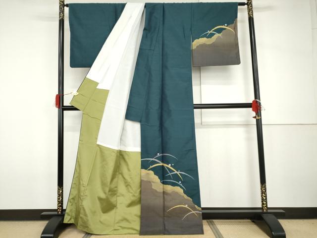 平和屋着物○京の名門 じゅらく謹製 訪問着 紬地 黄皇絲 露芝