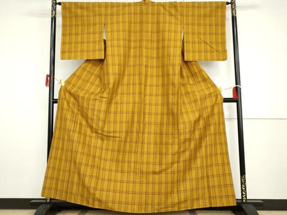 平和屋着物●本場黄八丈　平織　紬　格子　正絹　逸品　未使用　AABH8848cs