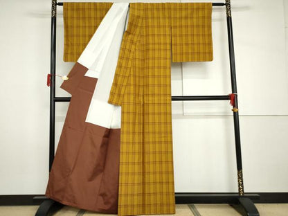 平和屋着物●本場黄八丈　平織　紬　格子　正絹　逸品　未使用　AABH8848cs