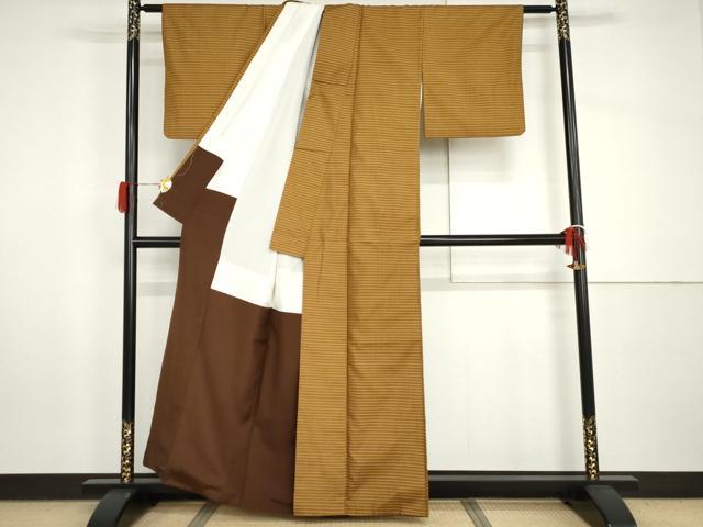 平和屋着物●黄八丈　綾織　紬　格子　正絹　逸品　AABH8849cs