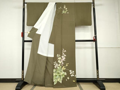 平和屋着物●訪問着　友禅　作家物　草花文　正絹　逸品　AABH8862cs