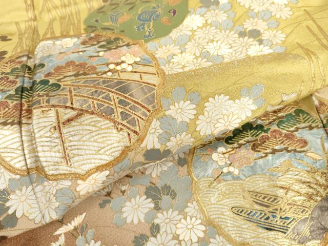 平和屋着物●訪問着　駒刺繍　渡り橋雪輪風景花文　暈し染め　金銀彩　正絹　逸品　AABH8867cs