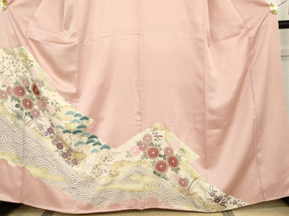 平和屋着物●豪華色留袖　刺繍　梅松花文　金彩　正絹　逸品　AABH8874cs