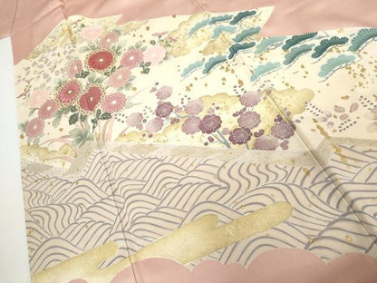 平和屋着物●豪華色留袖　刺繍　梅松花文　金彩　正絹　逸品　AABH8874cs