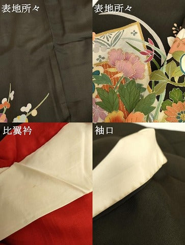 平和屋着物●アンティーク　大正ロマン　黒留袖　花車文　金銀彩　正絹　逸品　AABH8881cs