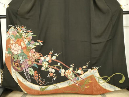 平和屋着物●アンティーク　大正ロマン　黒留袖　花車文　金銀彩　正絹　逸品　AABH8881cs