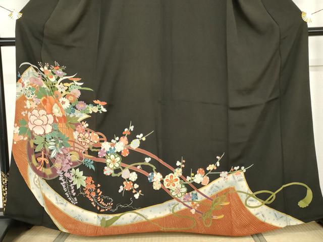 平和屋着物●アンティーク　大正ロマン　黒留袖　花車文　金銀彩　正絹　逸品　AABH8881cs
