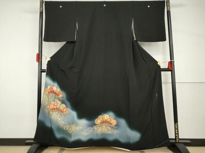 平和屋着物●京友禅の第一人者　松井青々　黒留袖　駒刺繍　花松文　暈し染め　金銀彩　正絹　逸品　AABH8883cs