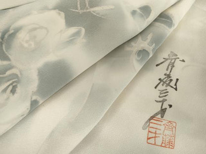 平和屋着物●染色作家　斉藤三才　小紋　草花文　薔薇　バラ　暈し染め　正絹　逸品　AABH8894cs