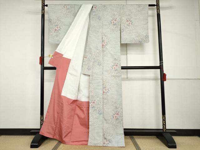 平和屋着物●上質な紬　花蝶文　正絹　逸品　AABH8896cs