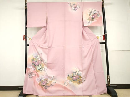 平和屋着物●訪問着　手描き　地紙草花文　暈し染め　金彩　正絹　逸品　AABH8897cs