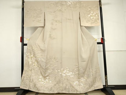 平和屋着物●総刺繍　訪問着　駒刺繍　中国三大刺繍　汕頭刺繍　スワトウ刺繍　立波花松文　暈し染め　金糸　正絹　逸品　AABH8906cs