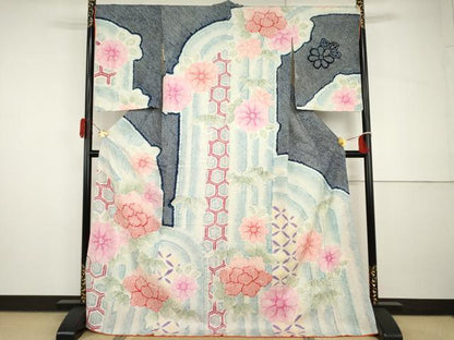 平和屋着物●名門　藤娘きぬたや・総絞り　訪問着　亀甲草花文　暈し染め　ロング丈　正絹　逸品　AABH8908cs