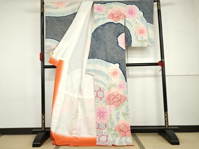 平和屋着物●名門　藤娘きぬたや・総絞り　訪問着　亀甲草花文　暈し染め　ロング丈　正絹　逸品　AABH8908cs
