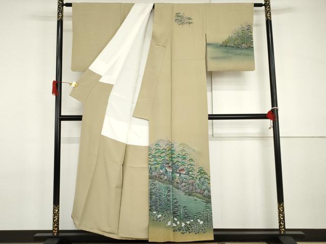 平和屋着物●訪問着　友禅　浜松風景文　暈し染め　正絹　逸品　AABH8909cs