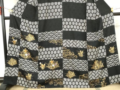 平和屋着物●訪問着　絞り　刺繍　吉祥草花文　黒地　金彩　ますいわ屋扱い　正絹　逸品　AABH8913cs