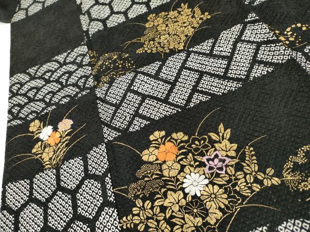 平和屋着物●訪問着　絞り　刺繍　吉祥草花文　黒地　金彩　ますいわ屋扱い　正絹　逸品　AABH8913cs