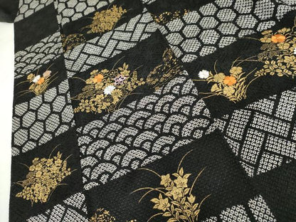 平和屋着物●訪問着　絞り　刺繍　吉祥草花文　黒地　金彩　ますいわ屋扱い　正絹　逸品　AABH8913cs
