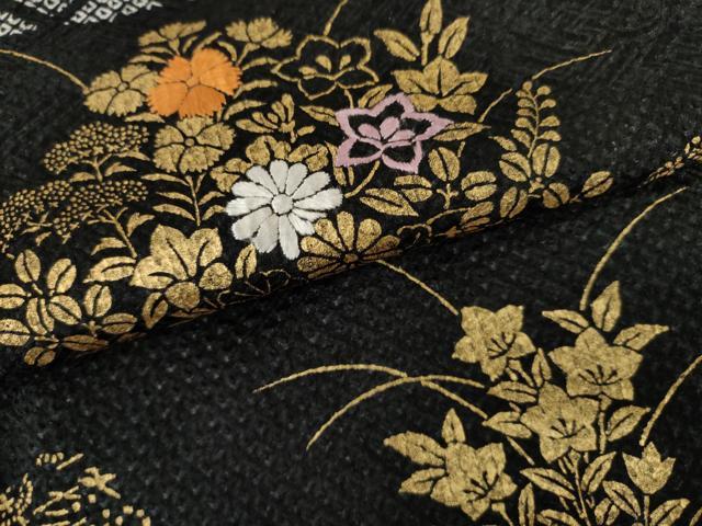 平和屋着物●訪問着　絞り　刺繍　吉祥草花文　黒地　金彩　ますいわ屋扱い　正絹　逸品　AABH8913cs