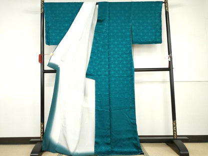 平和屋着物●上質な色無地　花菱地紋　納戸色　ロング丈　正絹　逸品　未使用　AABH8918cs