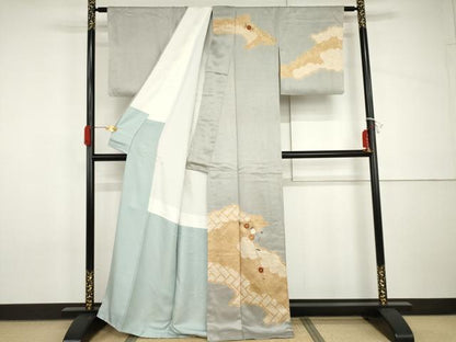 平和屋着物●訪問着　絞り　刺繍　枝花文　金糸　正絹　逸品　AABH8924cs