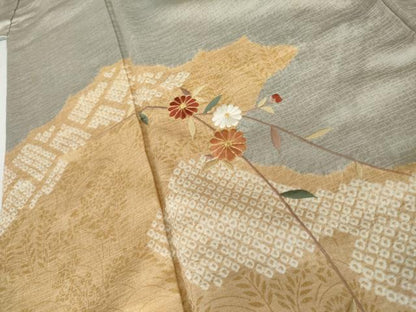 平和屋着物●訪問着　絞り　刺繍　枝花文　金糸　正絹　逸品　AABH8924cs