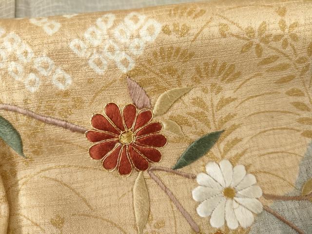 平和屋着物●訪問着　絞り　刺繍　枝花文　金糸　正絹　逸品　AABH8924cs